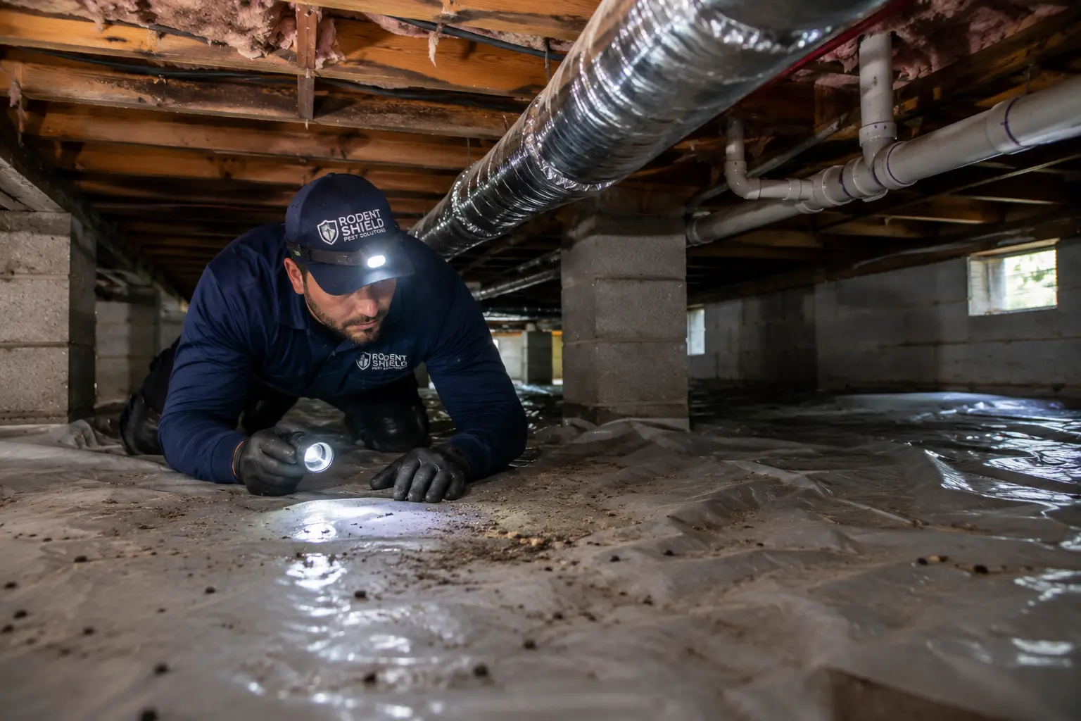 Professional technician inspecting a crawl space for rodent activity beneath a home in Boynton Beach, FL