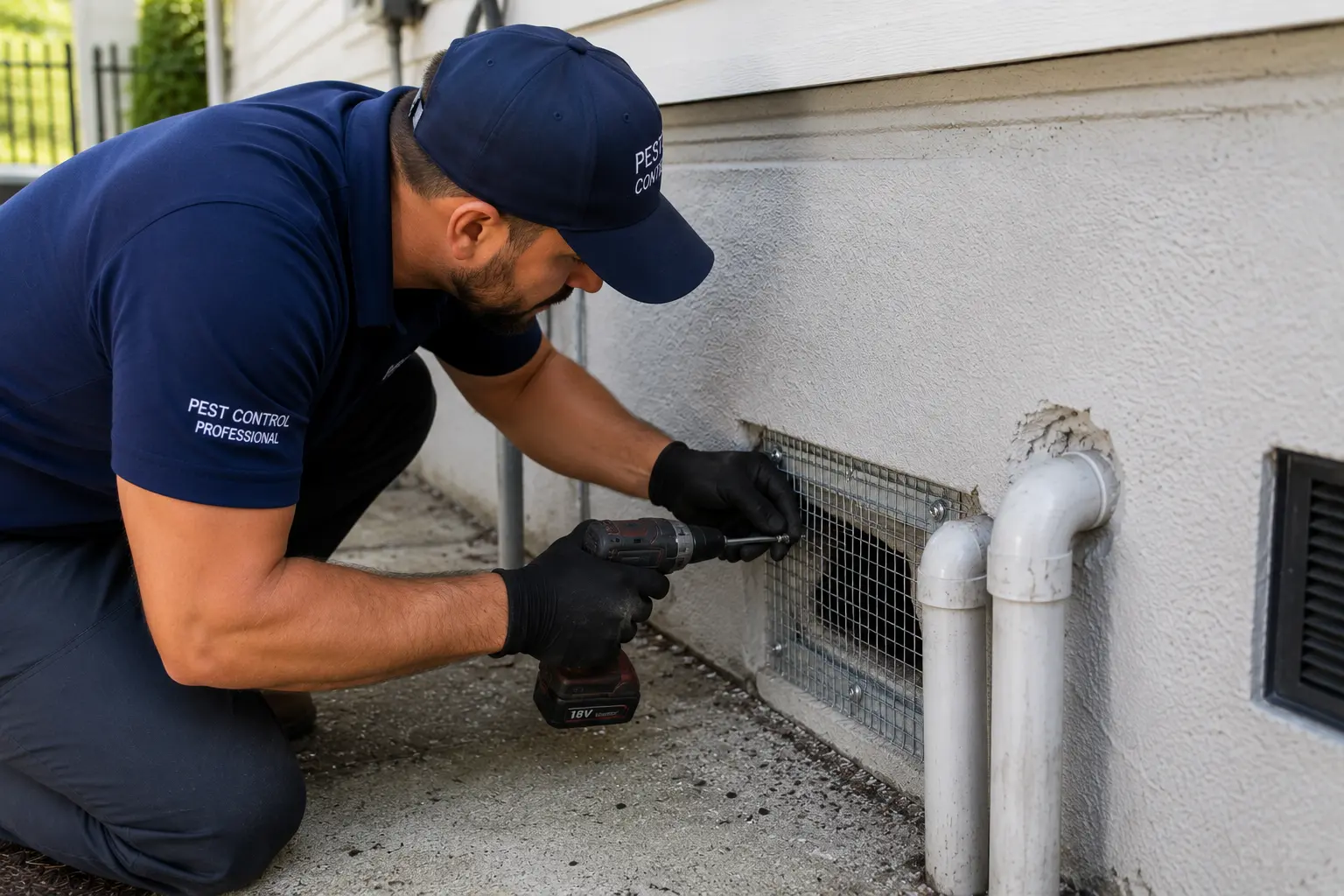 Technician installing galvanized steel mesh to seal a rodent entry point during a rodent exclusion service in Boynton Beach
