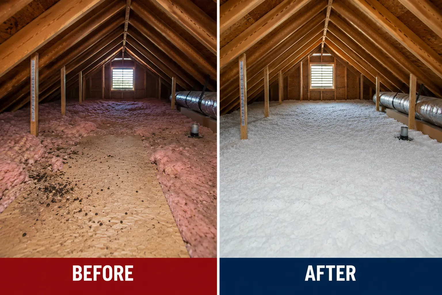 Professional attic cleanup before and after with fresh insulation and sanitized attic space