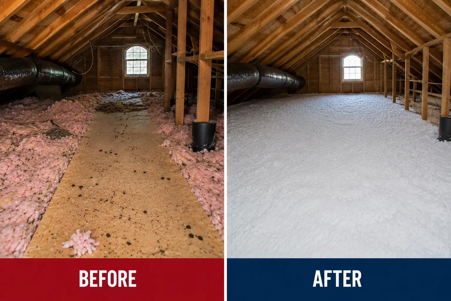 Professional attic cleanup before and after with fresh insulation after rodent contamination removal
