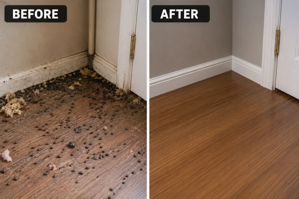 Crawl space before and after rodent decontamination