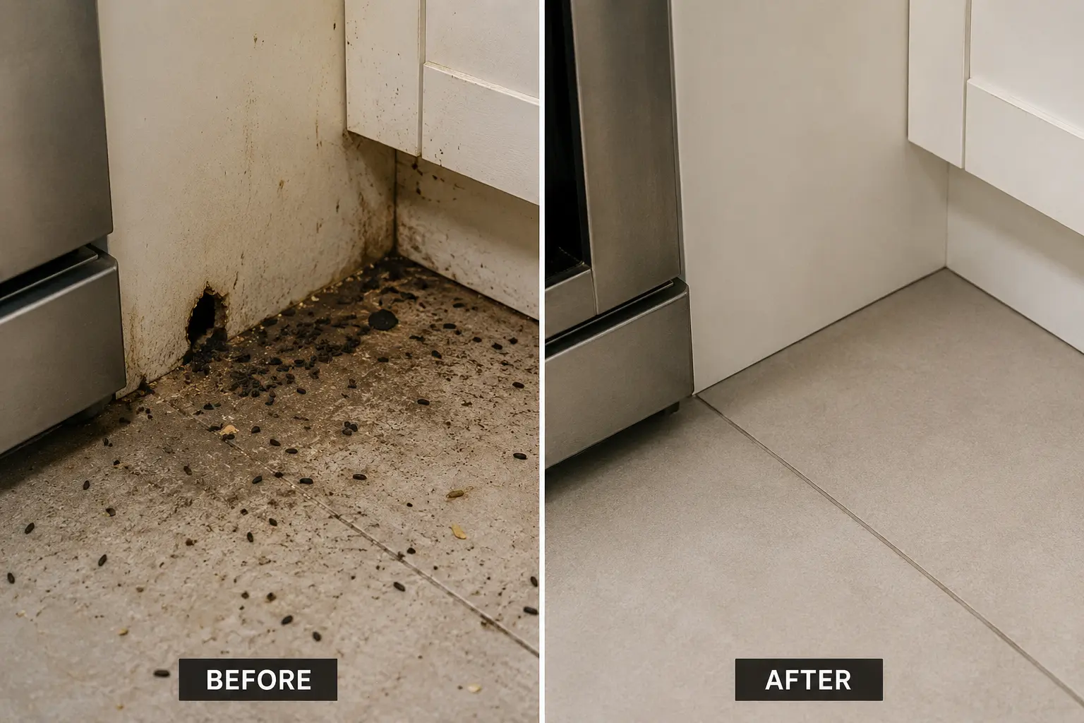 Before and after rat removal service with kitchen cleanup