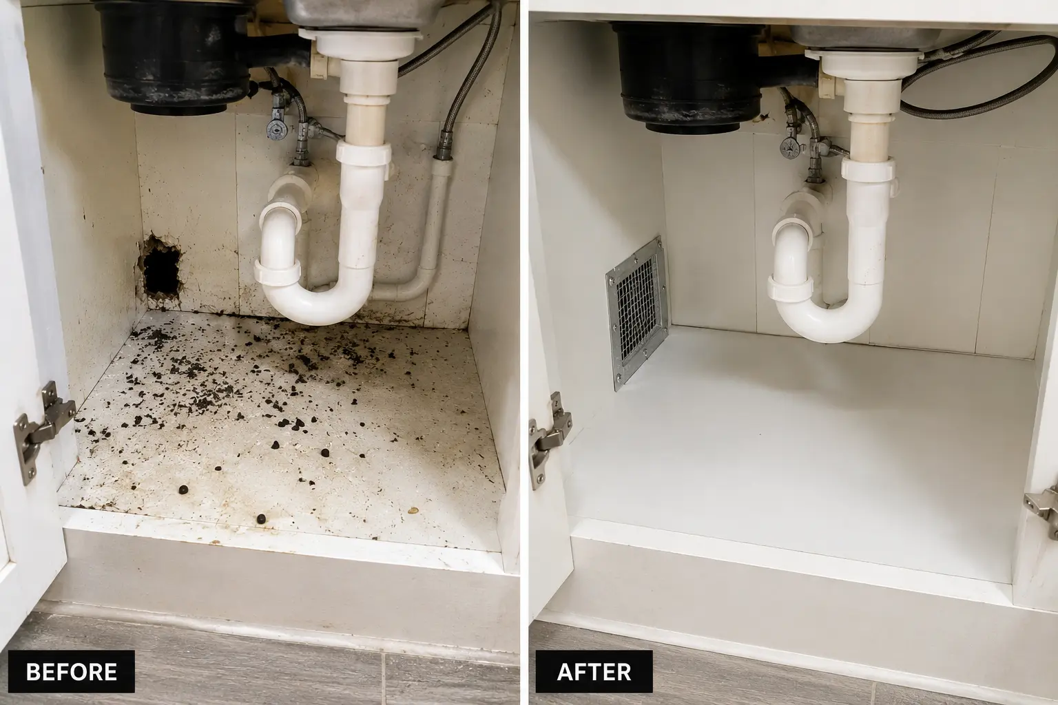 Kitchen cabinet before and after rodent exclusion service