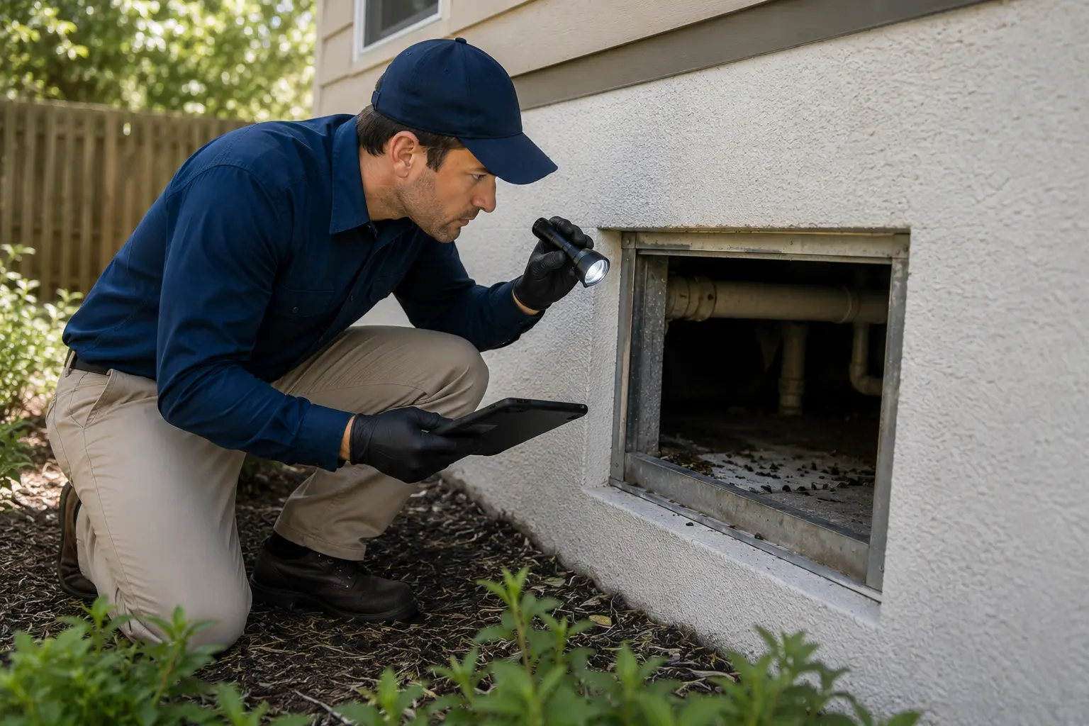 Professional rodent inspection at a residential crawl space in Boynton Beach, Florida