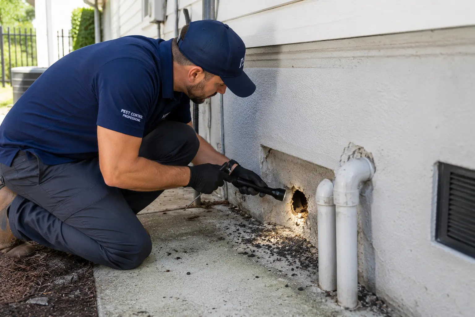 Professional technician inspecting a rodent entry point during a home Rodent Proofing & Exclusion in Boynton Beach, FL