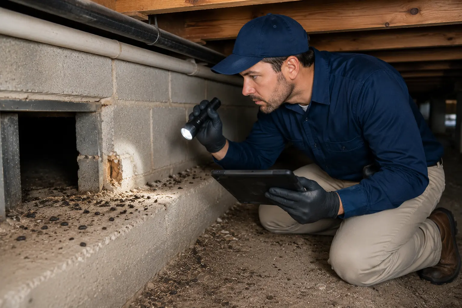 Rodent inspection technician checking crawl space for droppings and entry holes